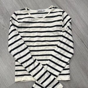 Stradivarius Black and White Striped Long Sleeve Tee